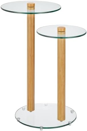 mDesign Glass Top Side/End Duo Drink Table - 2-Tier Modern Round Accent Wood Nightstand Furniture for Living Room, Dorm, Home Office, and Bedroom - 12" Round - Clear/Natural