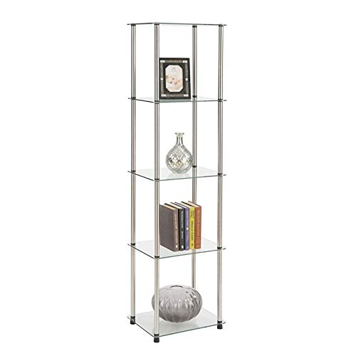 Convenience Concepts Designs2Go Classic Glass 5 Tier Tower 15.75" - Modern Media Storage Bookshelf for Living Room, Display Bookcase for Family Room, Bedroom, Bathroom, Office, Glass/Chrome