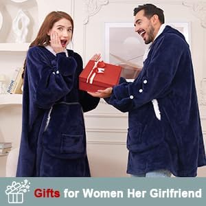 JOYWOO Navy Foldable Wearable Blanket Hoodie with Gloves,Oversized Cat Lovers Sweatshirt Blanket for Adult,Birthday Gifts for Men,Dad,Husband Cozy Sherpa Hooded Blanket with Giant Pocket Winter Gifts