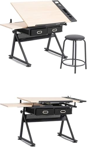 Drawing Tilting Tablet,Drafting Tables Height Adjustable Drafting Desk Tiltable Tabletop Drawing Table, with 2 Storage Drawers Art Writing Reading Workstation,Brown (Brown) (Brown)