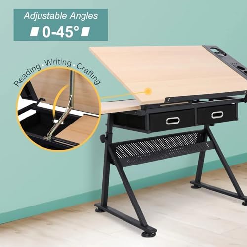Drawing Tilting Tablet,(Wood Drafting Table & Stool Set Artist Desk, 0°-45° Tilted Tabletop, （26.8"-35.8"） Height Adjustable, Drawing Workstation)