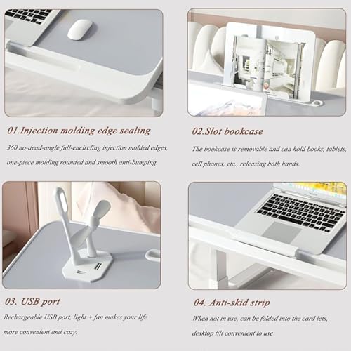 Adjustable Over-Bed Table, Foldable Laptop Desk with Storage Drawers & USB Port, Height-Adjustable Bed Tray Table for Home Office & Reading, XX999