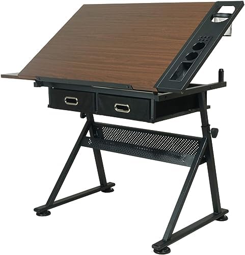 Drawing Tilting Tablet,Drafting Tables Height Adjustable Drafting Desk Tiltable Tabletop Drawing Table, with 2 Storage Drawers Art Writing Reading Workstation,Brown (Brown) (Brown)