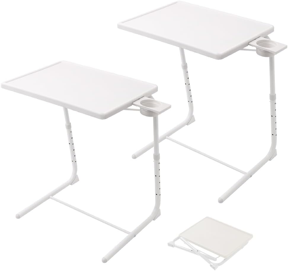Japard Folding TV Tray Table, Small Bedside Sofa Dinner Table with Cup Holder, Adjustable 6 Height & 3 Tilt Angle (White_ 2 pcs)