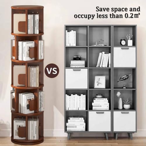 360° Rotating Bookshelf Tower with Bookends - Space-Saving Wood Revolving Bookcase for Small Rooms, Round Display Storage Rack for Bedroom, Living Room, Office