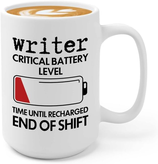Writer Coffee Mug 15oz White - Writer Critical Battery Level - Funny Author Gift To Book Lover Bookish Bookworm Writing Sarcasm Poetry Novelist Journalist