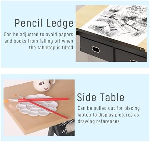 Drawing Tilting Tablet,(Wooden Drawing Desk with Stool Art Craft Table, Adjustable Height(26.8"-35.8"), 80° Tiltable, Drafting Workstation for Artwork, Graphic Design, Writing (MDF))