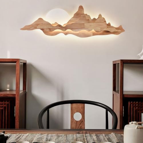 Chinese Style Mountain Landscape Wall Sconce - 42W Dimmable LED Solid Wood Lamp with Moon Design for Zen Decor in Living Room, Bedroom & Tea Room, 80cm Walnut Finish (Wood)