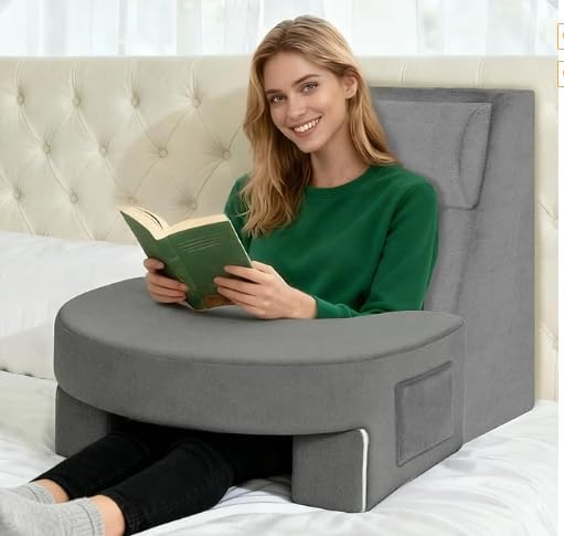 RSN Reading Pillow Set for Bed Sitting, 3 Piece Gaming Pillow-Ergonomic Back/Neck Support with Arms & Pockets, Bed Desk for Adults Laptop and Writing (Gray, OneSize)