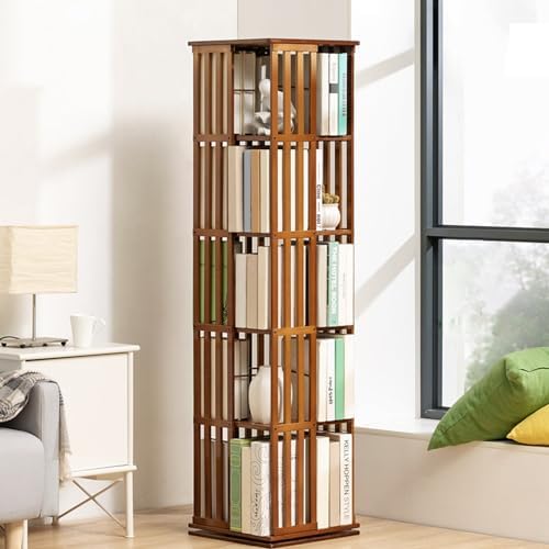 Rotating Bamboo Bookcase Toy Storage Organizer - 5/6 Tier Cabinet for Bedroom Living Room Corner Shelf with 360 Degree Spin Action