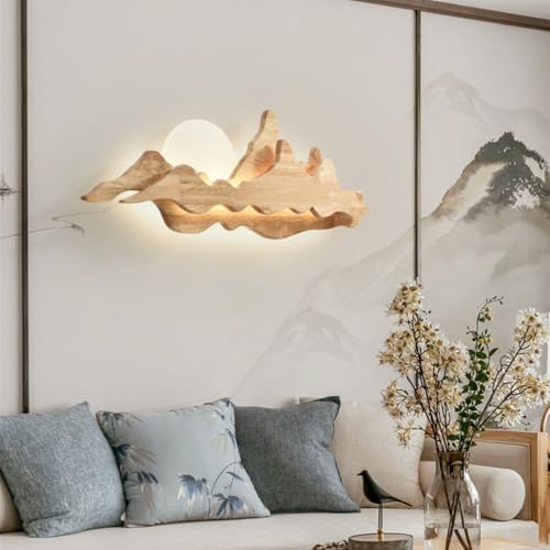 Chinese Style Mountain Landscape Wall Sconce - 42W Dimmable LED Solid Wood Lamp with Moon Design for Zen Decor in Living Room, Bedroom & Tea Room, 80cm Walnut Finish (Wood)