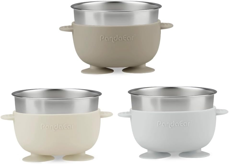 PandaEar 3 Pack Stainless Steel Suction Baby Bowls & 3 Baby Feeding Spoons | Non-Slip Stay Put Bowls & Soft Silicone First Stage Spoons for Toddlers, BPA-Free Baby Led Weaning Set (Linen Brown Grey)