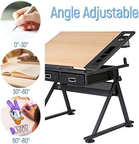 Drawing Tilting Tablet,(Wooden Drawing Desk with Stool Art Craft Table, Adjustable Height(26.8"-35.8"), 80° Tiltable, Drafting Workstation for Artwork, Graphic Design, Writing (MDF))
