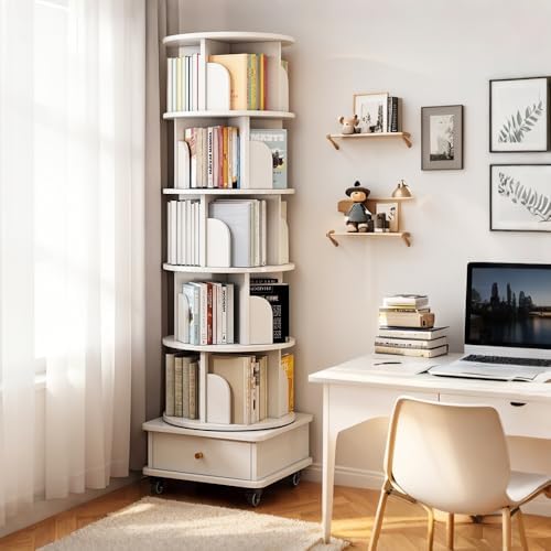 White Tall Rotating Bookcase with Drawer & Wheels, 5-Tier Corner Shelf for Bedroom, Living Room & Office, Wooden Bookshelf, Stylish Storage Solution