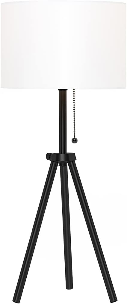 O’Bright Tripod Table Lamp, Adjustable in Height, 100% Metal Body with Linen Drum Shade, Bedside Lamp, Nightstand Lamp, Side Table Lamp for Living Room, Bedroom, Office, Black