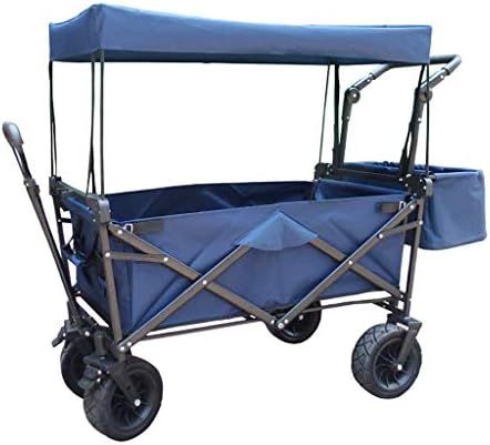 Folding Garden Trolley Cart Heavy Duty Wagon with Canopy Multi-Function Sping Cart for Outdoor Camping Beach Pull Truck with 4 Wheels Load：150kg (Navy)