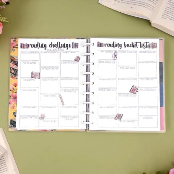 kellofaplan Reading Journal Planner, Undated 12-Month Book Tracker with Monthly Overview, Book Club Section, Reading Log, Essentials for Readers, Disc Bound, 96lb Paper