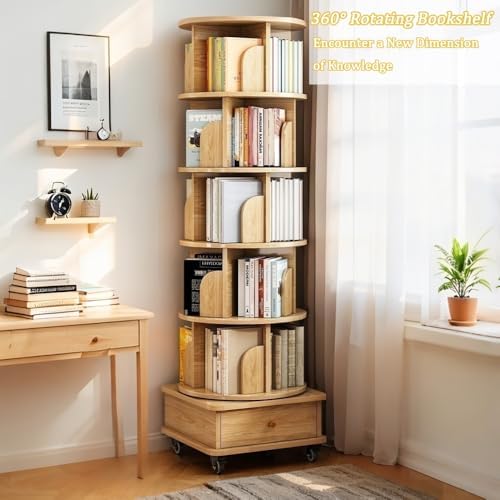 White Tall Rotating Bookcase with Drawer & Wheels, 5-Tier Corner Shelf for Bedroom, Living Room & Office, Wooden Bookshelf, Stylish Storage Solution