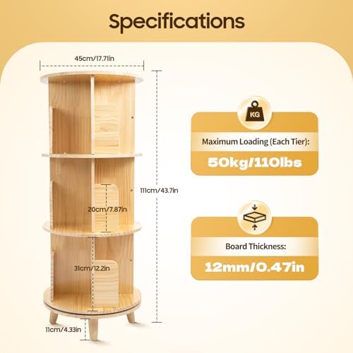 360° Pine Wood Rotating Bookshelf - Floor Standing Bookcase Storage Rack for Kids & Adults - Versatile Organizer for Living Rooms, Studies, and Bedrooms