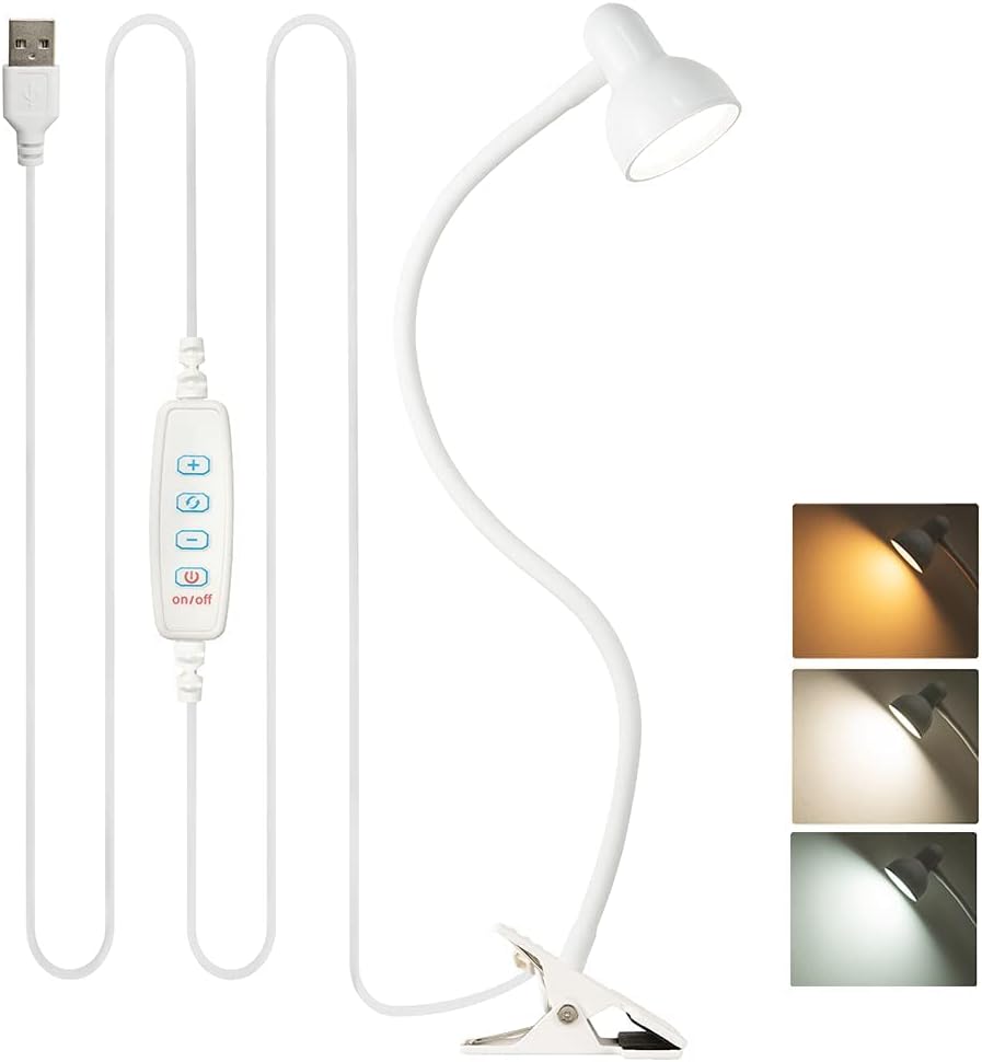 Clip on Light Reading Lamp 3000-6500K 10-Levels Brightness Clamp Light Eye Protection LED Desk Lamp 360° Flexible Gooseneck Book Light for Bed Bedside Headboard Home Office (White&Black)