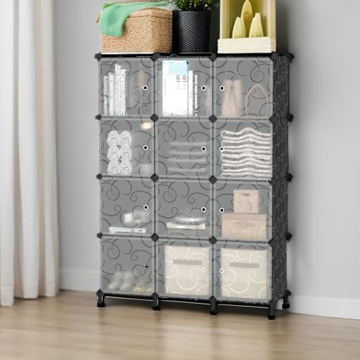 AWTATOS 12 Cube Storage Organizer with Doors, DIY Plastic Closet Shelf, Modular Bookshelf, Stackable Shelving Rack for Bedroom, Living Room, Black ULPZ012
