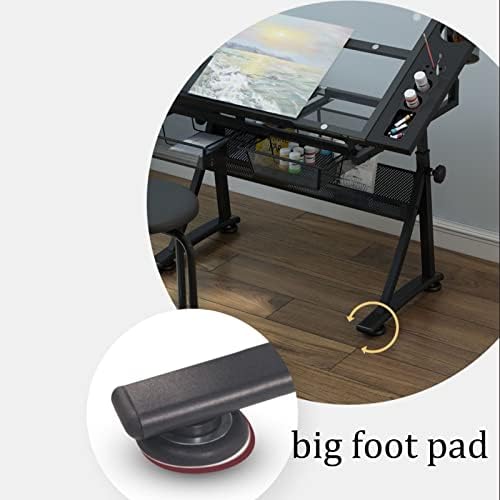 Drawing Tilting Tablet,Drafting Desk, Glass Top Drafting Table, Height Adjustable Drawing Desk Art Table, Tiltable Tabletop Art Craft Desk Paintings Work Station, 2 Drawers,