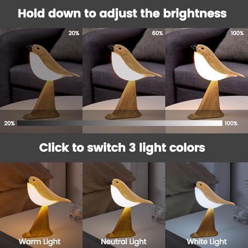 Small Cute Bird Table Lamp with Timer, Touch & Remote Control Bird Night Light, Cordless Bedside Lamps, Desk Lamp for Reading, 3-Way Dimmable USB Rechargeable Battery 2600mAh Nightstand Lamps, Decor