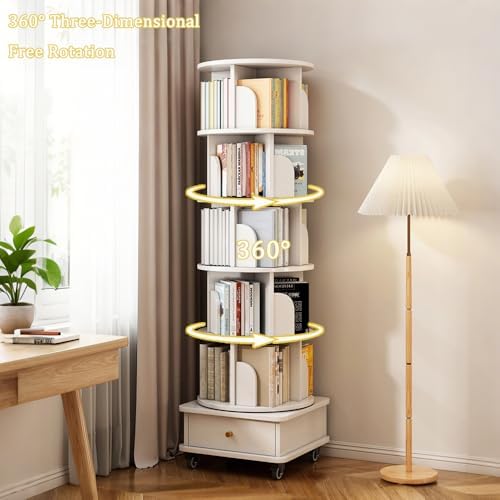 White Tall Rotating Bookcase with Drawer & Wheels, 5-Tier Corner Shelf for Bedroom, Living Room & Office, Wooden Bookshelf, Stylish Storage Solution