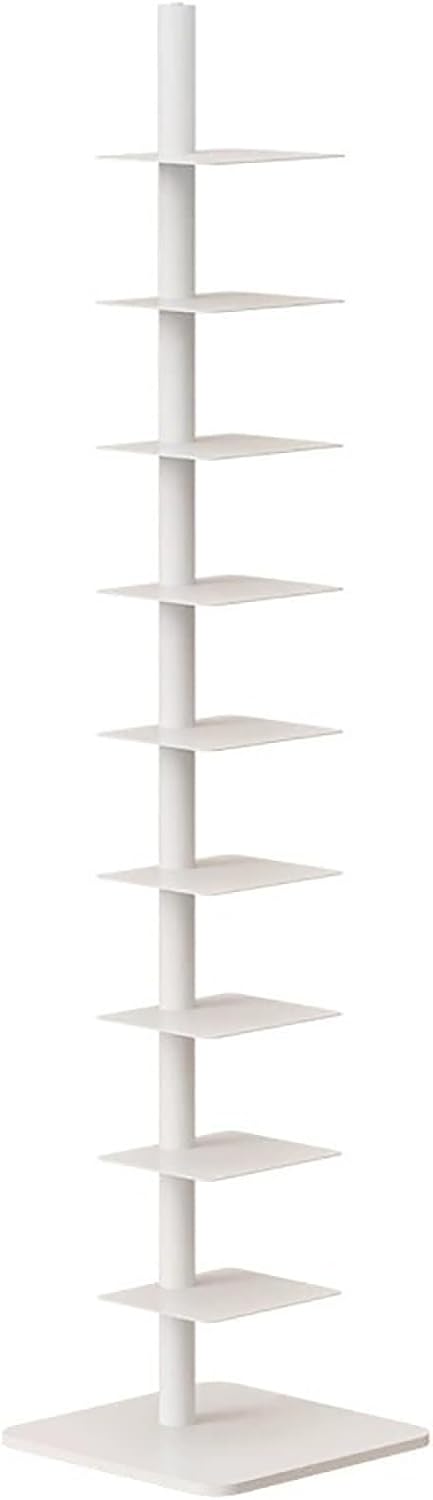 9-Tier Vertical Spine Bookcase, Tall Narrow Ladder Shelf, Metal Corner Book Tower for Tight Spaces, Multi-Purpose Storage Display for Home Office - Modern White Design