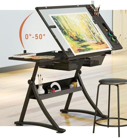 Drawing Tilting Tablet,(Glass Drafting Work Station with Stool, Art Craft Table, Adjustable Height(29.1"-36.6") & 0°-80° Tiltable Tabletop, Drawing Desk for Studio Home Office School)