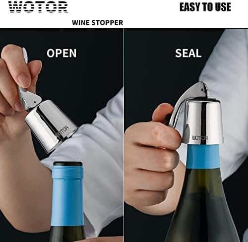 WOTOR Stainless Steel Wine Bottle Stoppers with Silicone - Reusable Wine Saver and Decorative Bottle Sealer, Leakproof, Keep Fresh, Silver, 2 Pack
