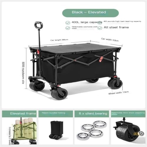 Portable Camping Cart,Portable Beach Trolley Cart for Camping Night Markets and Picnics Foldable and Heightened Outdoor Trailer for Easy Transport (Black)