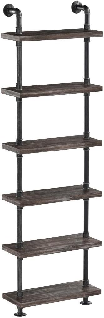 Industrielles Bücherregal, 6 Ebenen, modernes Leiterregal, Holzregal, Ausstellungsregal, Wandmontage, Metallregal, Bücherregal, Vintage Schmiedeeisen