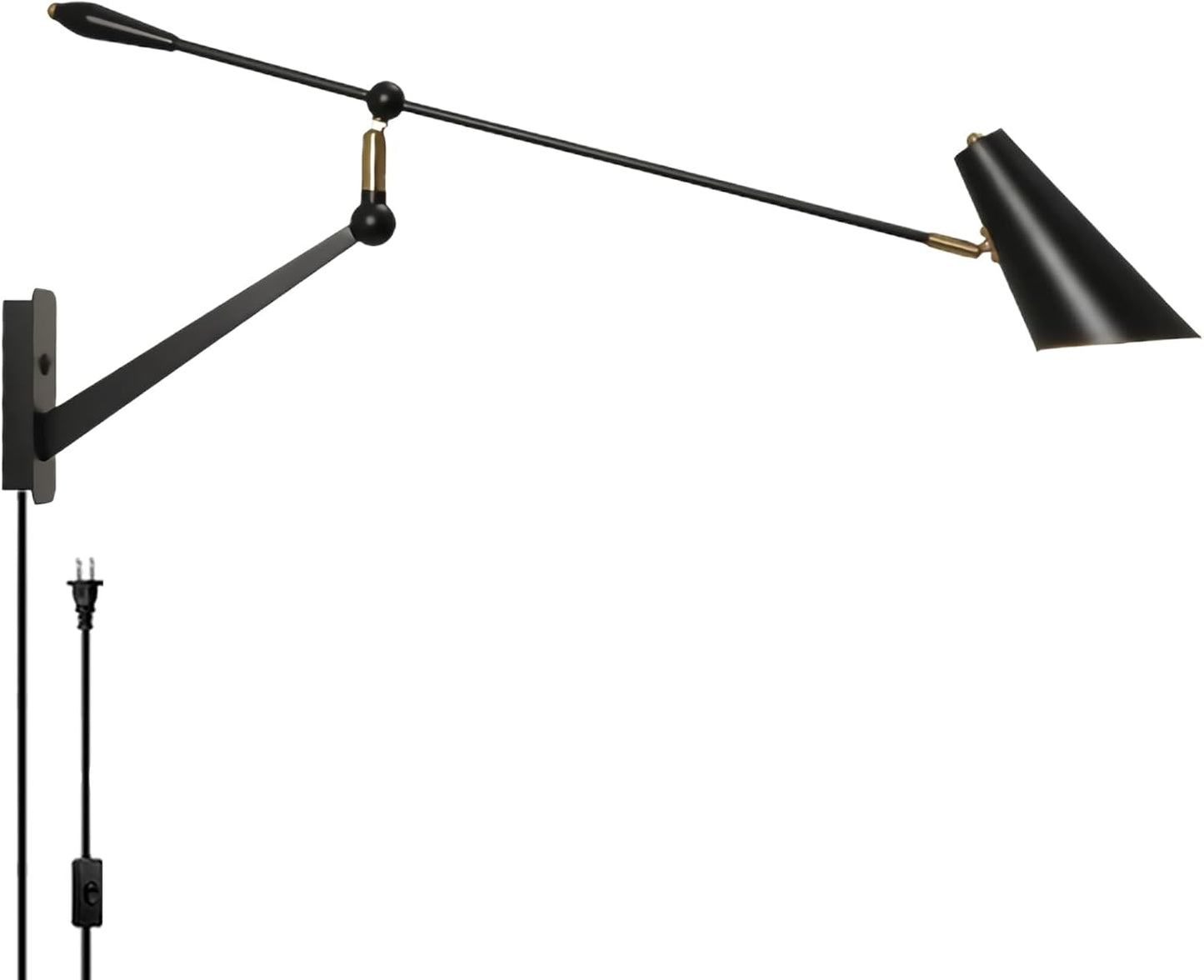 Adjustable Swing Arm Wall Sconce - 360° Rotation & Dual Power Modes (Plug-in/Hardwired), Vintage Industrial Wall Mounted Light with Matte Black Finish, E26 Bulb Compatible for Living Room & Bedroom