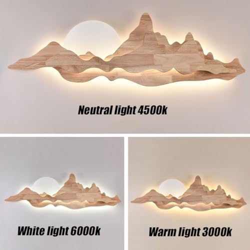 Chinese Style Mountain Landscape Wall Sconce - 42W Dimmable LED Solid Wood Lamp with Moon Design for Zen Decor in Living Room, Bedroom & Tea Room, 80cm Walnut Finish (Wood)
