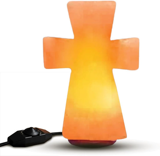 Himalayan Salt Cross Lamp – 8" Tall, 5" Wide, 7 lbs – Handcrafted Pink Salt Lamp Night Light with Wooden Base – Decorative Gift for Prayer Room, Bedroom, or Living Space