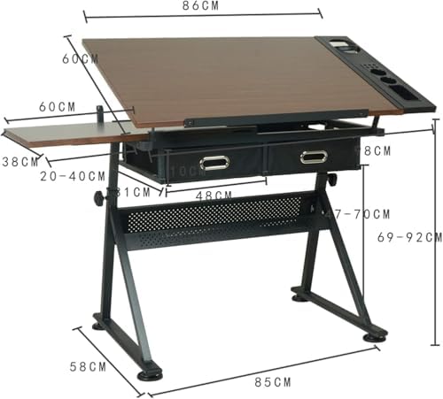 Drawing Tilting Tablet,Drafting Tables Height Adjustable Drafting Desk Tiltable Tabletop Drawing Table, with 2 Storage Drawers Art Writing Reading Workstation,Brown (Brown) (Brown)