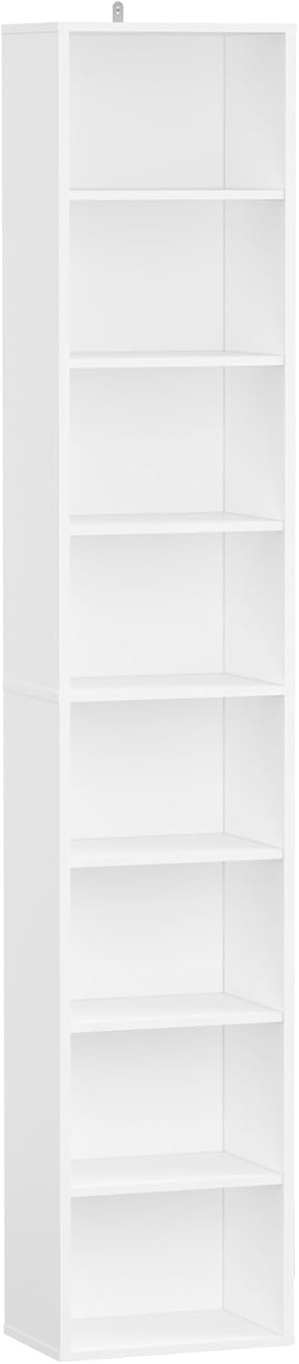 Panana 8 Tier Storage Shelf Bookcase, Slim Organizer Shelves Cabinet Tall Narrow Media Tower Rack Display Bookshelf for Home Office (White)