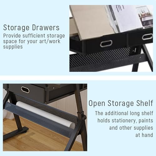 Drawing Tilting Tablet,(Wooden Drawing Desk with Stool Art Craft Table, Adjustable Height(26.8"-35.8"), 80° Tiltable, Drafting Workstation for Artwork, Graphic Design, Writing (MDF))