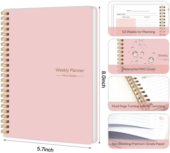 Undated Weekly Planner- Weekly Goals Notebook, A5 To Do List Planner, Habit Tracker Journal with Spiral Binding, 5.7 x 8.0 inches