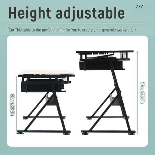 Drawing Tilting Tablet,(Vintage Wood Drafting Table & Stool Set Artist Desk, 0°-80° Tilted Tabletop, （26.8"-35.8"） Height Adjustable, Drawing Workstation for Home Office School Study)