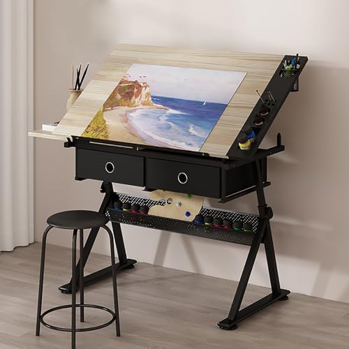 Drawing Tilting Tablet,(Vintage Wood Drafting Table & Stool Set Artist Desk, 0°-80° Tilted Tabletop, （26.8"-35.8"） Height Adjustable, Drawing Workstation for Home Office School Study)