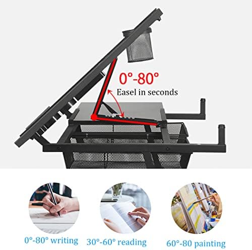 Drawing Tilting Tablet,Folding Art Desk/Drafting/Drawing Table/Craft Desk with Adjustable Height 74-93Cm, 2 Drawers and 0-80° Tiltable Tabletop, Tempered Glass