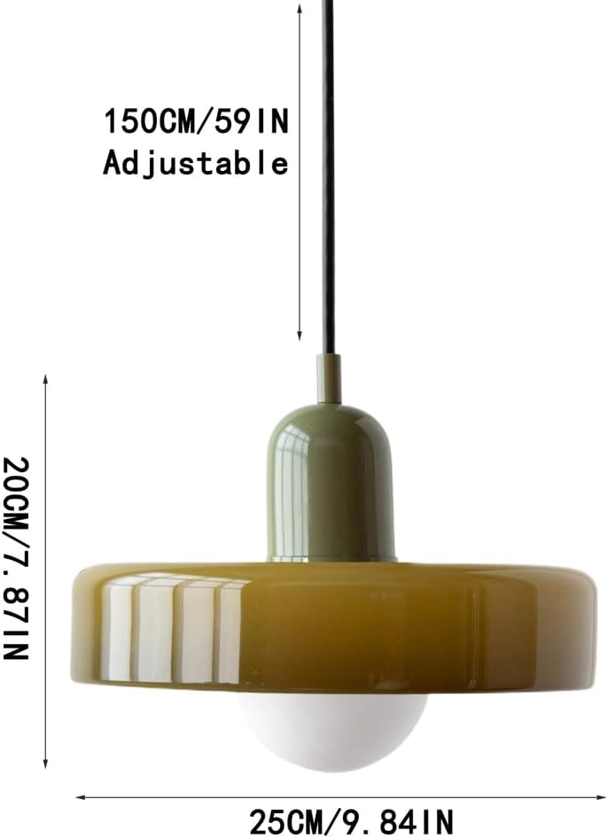 9.8" Nordic Mid Century Green Glass Pendant Hanging Light Modern Single Restaurant Lamp Vintage Farmhouse Ceiling Lamp Dining Room Chandelier for Over Table Kitchen Island Bedroom Hallway E26