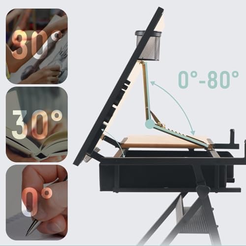 Drawing Tilting Tablet,(Drafting Desk with Stool Artist Drawing Table, 0°-80° Tilted Tabletop, 26.8"-36.2" Height Adjustable Work Surface for Reading, Writing, Crafting, Painting Art (Color