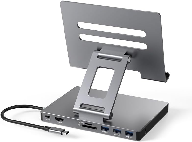 iPad Pro USB C Hub Stand, Multiport Adapter for iPad Pro M4 M3 M2 M1 13 12.9 11 Inch iPad Air Docking Station Foldable 4K 60Hz HDMI, PD Charging, SD/TF Card Reader, 3 USB 3.0, 3.5mm Audio