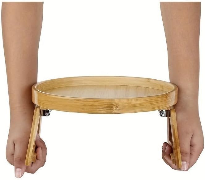 대나무 소파 암 트레이, 접이식 소파 팔걸이 클립온 트레이, 10.2cm-22.9cm(4~9인치) 팔걸이에 적합, 간식/음료/과일/디저트/Rmote용 원형 소파 암 테이블 (24.1x22.5x9cm(9.5x9.8x3.5인치))