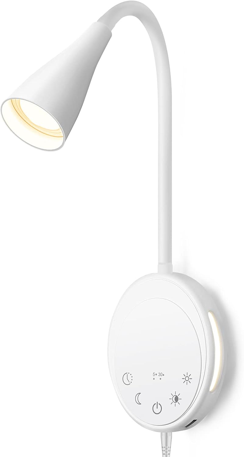 LED Wall Mounted Reading Light, Book Light for Reading in Bed with Touch Control, 5 Dimmable, USB Output, Night Light & Timers Function, Flexible Gooseneck Headboard Bed Lights (White)