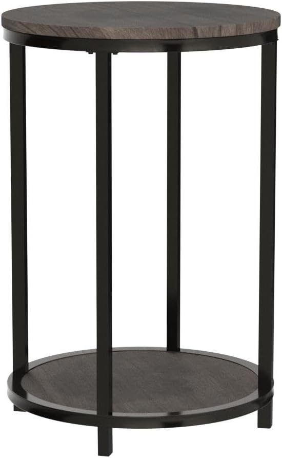 NSdirect Round Side Table,16in Rustic Wooden End Table Surface Top & Sturdy Metal Legs Nightstand for Living Room Bedroom Farmhouse Sofa Table with Storage Open Shelf,Light Walnut