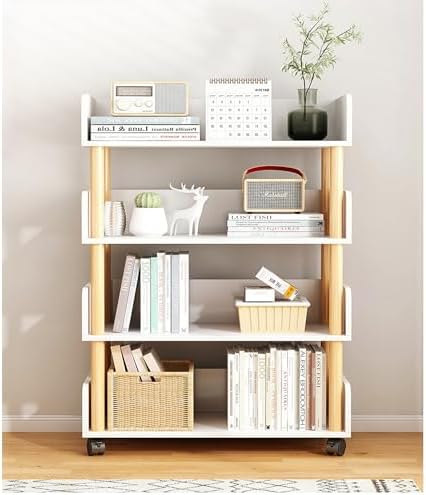 2-Tier Wooden Mobile Bookshelf on Wheels - Narrow Space-Saving Bookcase Organizer for Bedroom, Living Room, Home Office, Kids Room, Modern Design, Easy Mobility